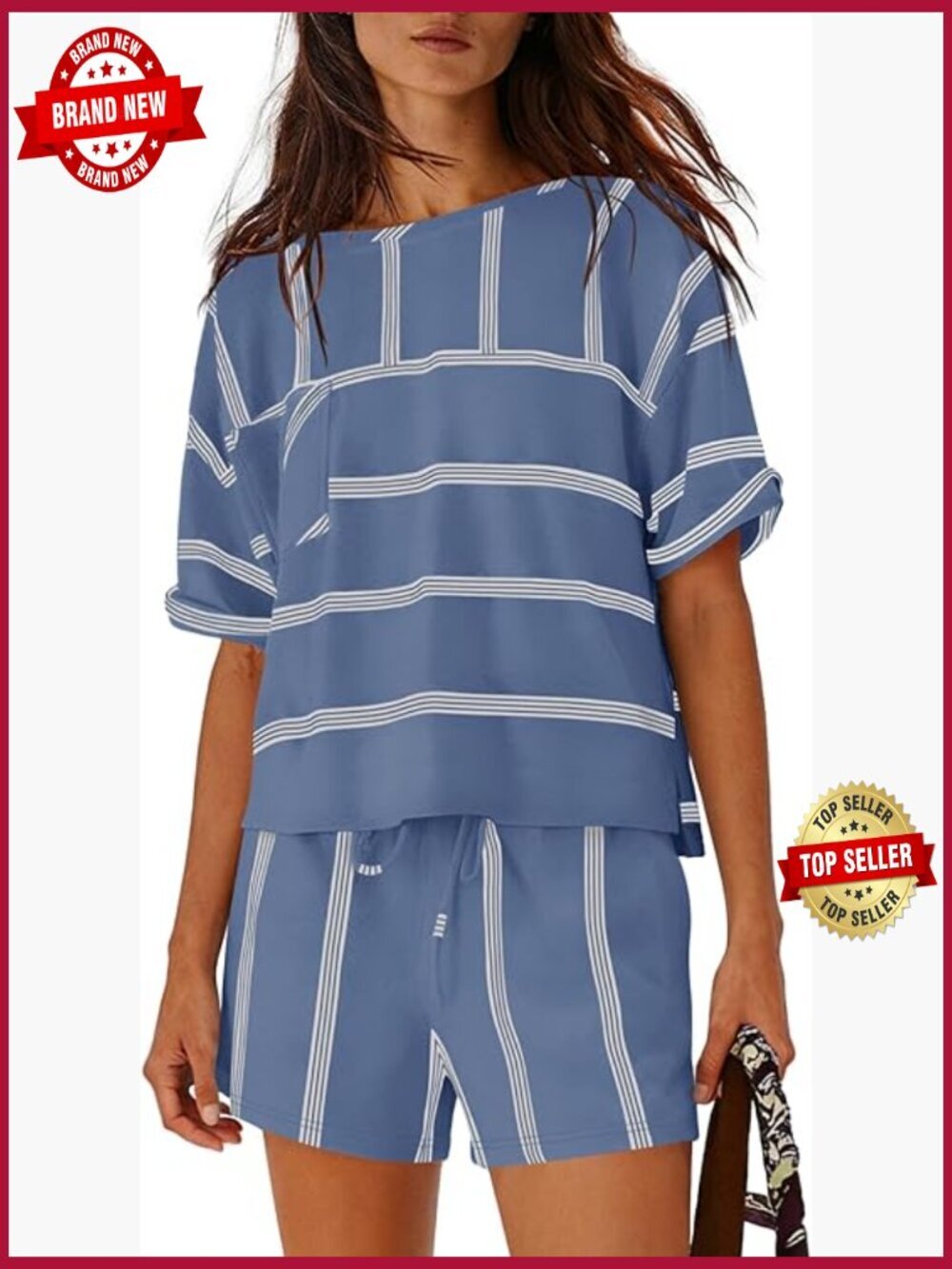 Women's Striped Lounge Set 2 Piece Short Sleeve & Shorts Pockets